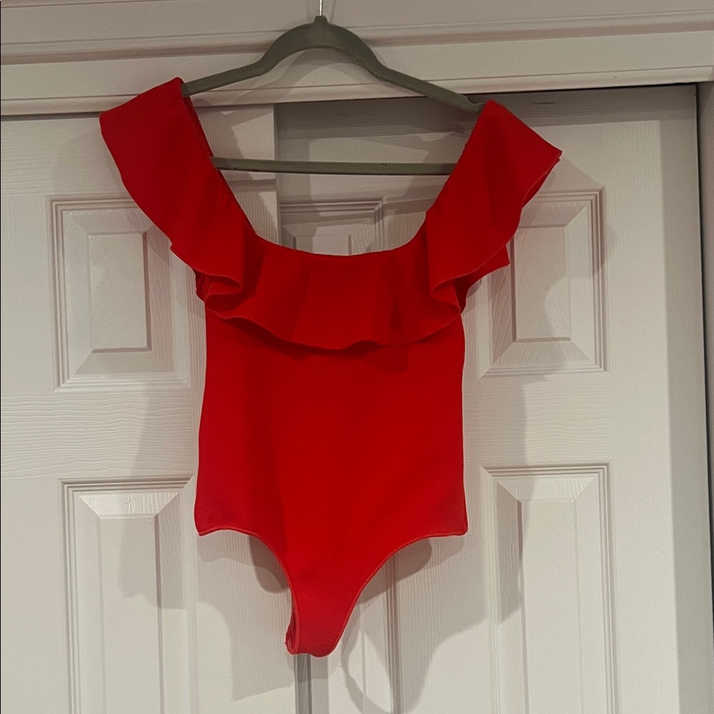 Red Ruffled off shoulder One Piece bodysuit